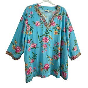 Belle Susan Graver Turquoise Blue Floral Boho Tunic Top Xl Blouse‎ Hippie Casual